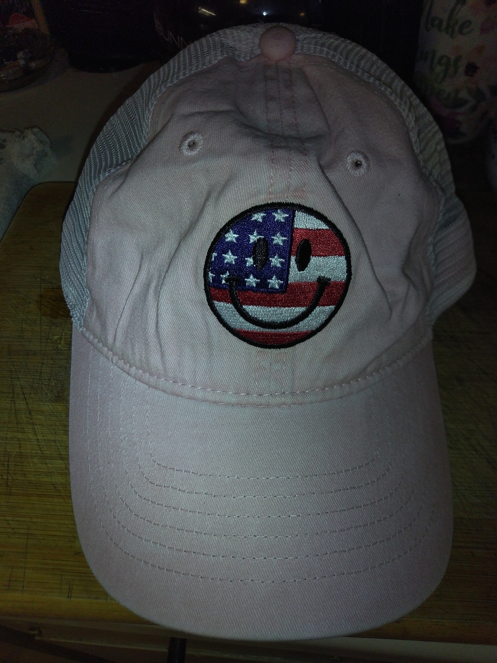 Pink Women's Trucker Hat with American Flag Smiley
